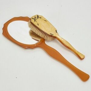 Vintage Art Deco Celluloid Vanity Set Mirror Brush Amber Cream Floral 2pc
